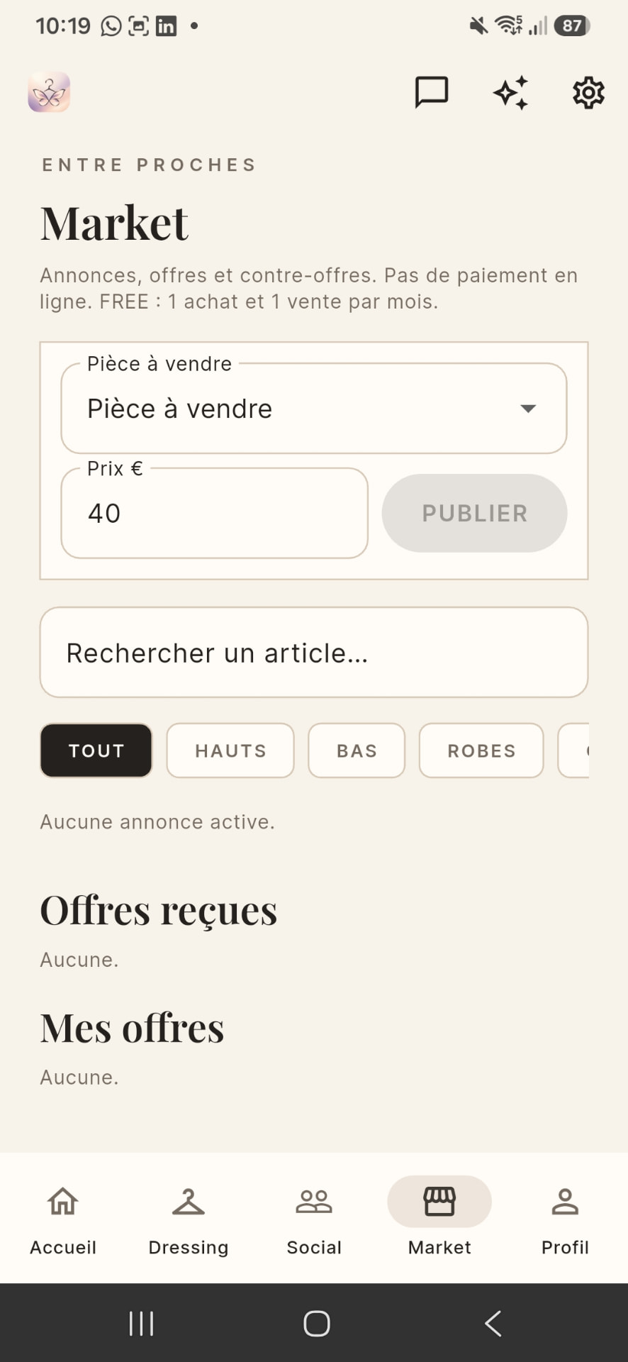 Écran Market de Closyne avec la mise en vente d'une pièce et les offres reçues