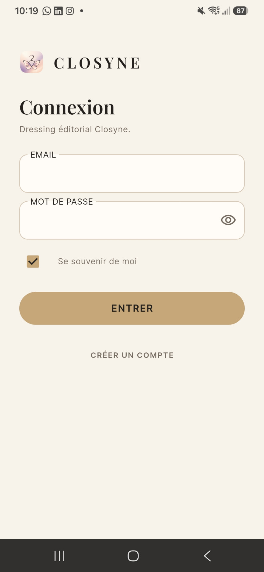 Écran de connexion Closyne avec les champs e-mail et mot de passe