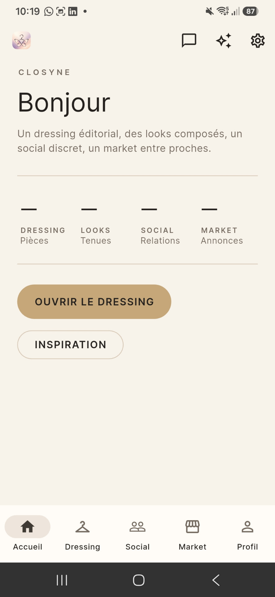 Dashboard Closyne avec le résumé du dressing, des looks, du social et du market