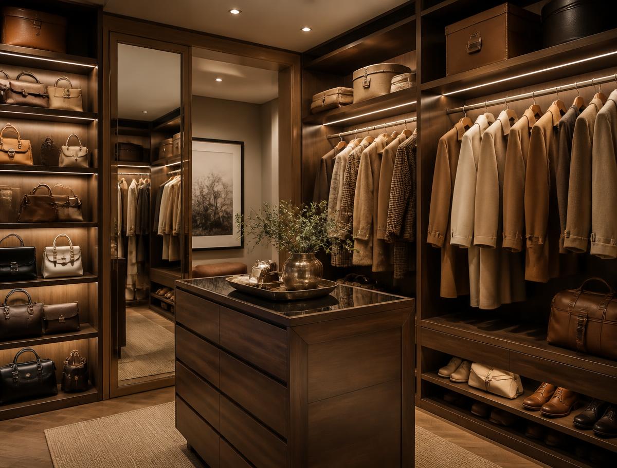 Dressing en bois chaleureux avec manteaux, sacs et chaussures