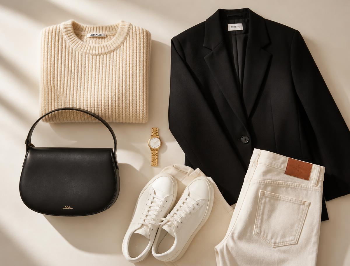 Composition de vêtements essentiels sur fond crème